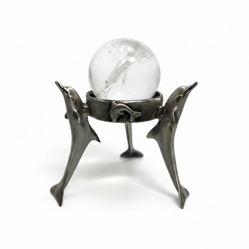 Three leaping dolphins encircle your crystal sphere in a beautifully detailed pewter sculpture | Kindred Crystal Collective