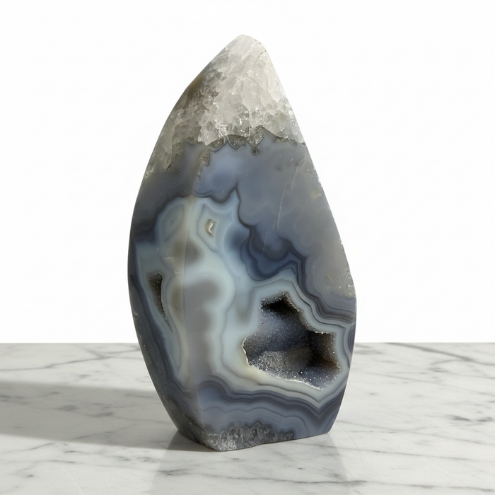 Kindred Crystal Collective — Agate Druzy Flame, polished grey and cream banded agate flame with druzy cavity, variant 2 full view on white background