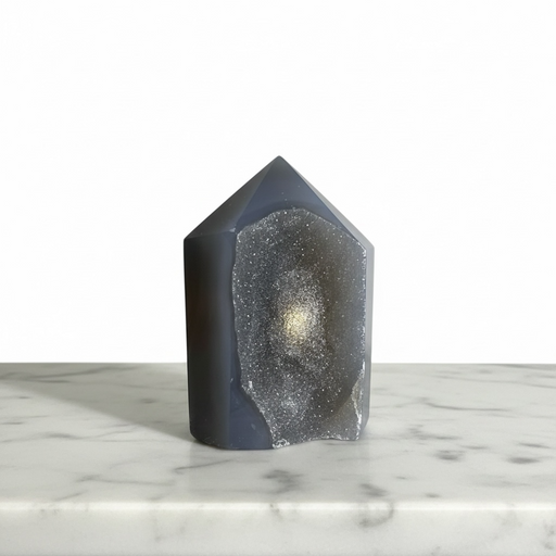 Kindred Crystal Collective — Agate Druzy Generator, grey agate generator point with sparkling silver druzy cavity