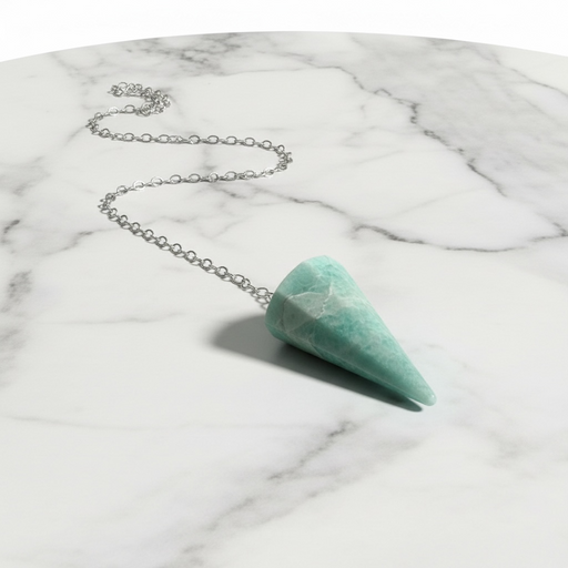 Amazonite Pendulum crystal on white background — smooth blue-green stone with natural variations