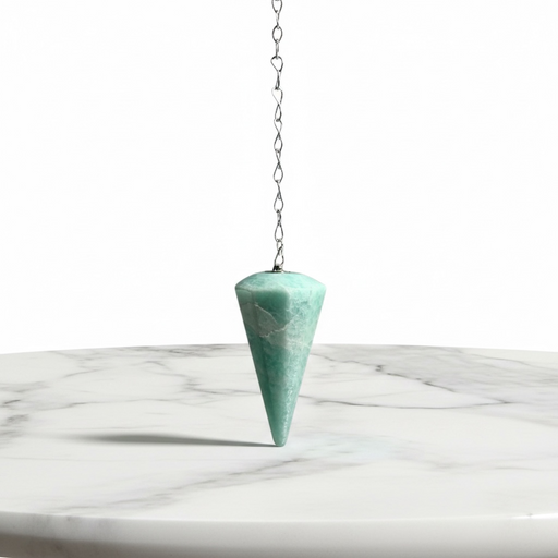 Amazonite Pendulum crystal on white background — smooth blue-green stone with natural variations