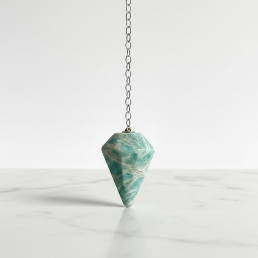 Amazonite crystal pendulum in pale blue-green, a calming healing crystal for harmony and balanced expression