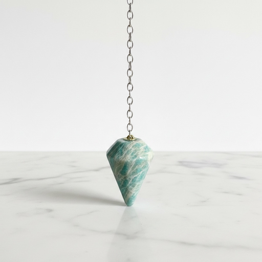 Natural light amazonite faceted pendulum in soft blue-green tones, used for dowsing and calm communication