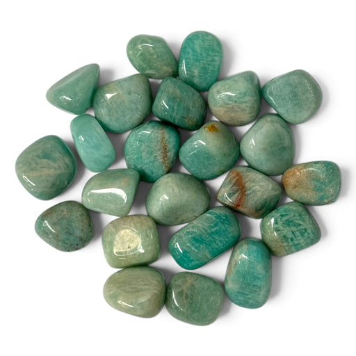 Kindred Crystal Collective — Amazonite Tumbled 2–2.5cm, polished sea-green and turquoise stones with creamy streaks and occasional earthy patches on a white background.