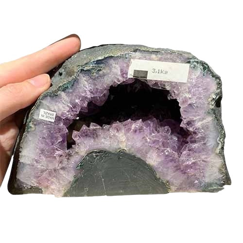 Kindred Crystal Collective — Amethyst Cave, front view of natural amethyst cave showing sparkling violet druzy crystal interior within rugged natural outer shell