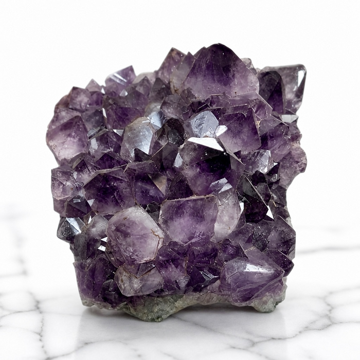 Kindred Crystal Collective — Amethyst Cluster, angled view of large natural amethyst cluster showing multi-directional violet crystal points and natural matrix base