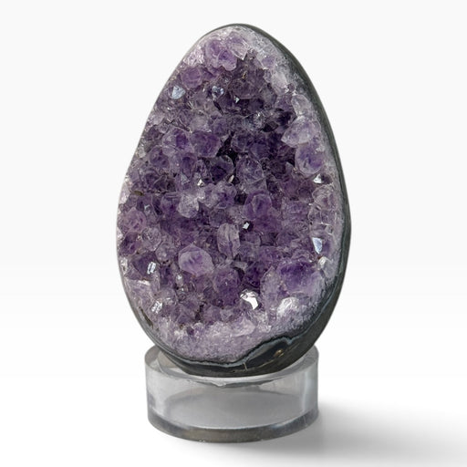 Kindred Crystal Collective — Druzy Amethyst Cluster Egg, egg-shaped stone with sparkling lilac and purple crystal points, a dark outer edge and a clear display stand.