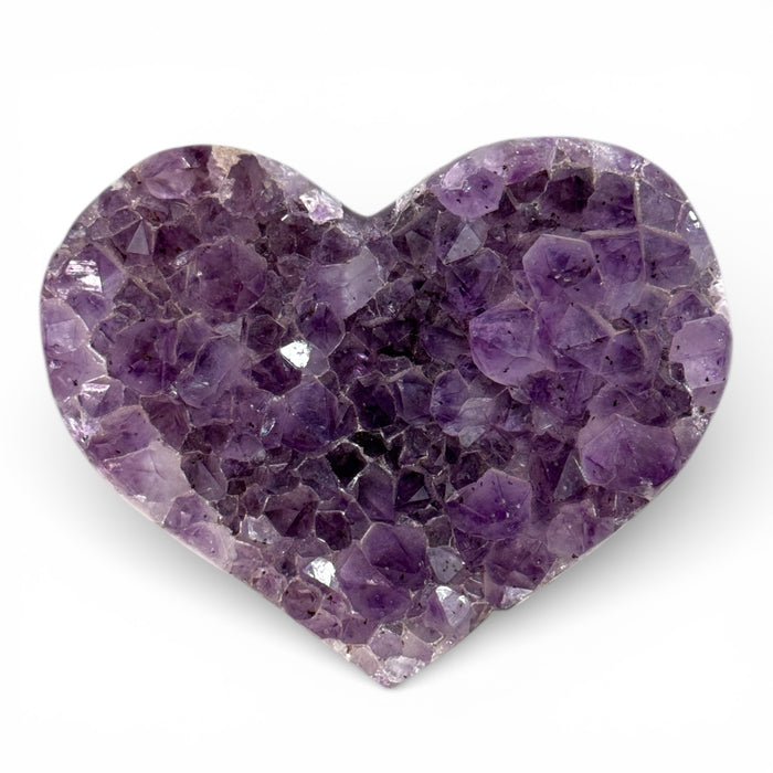 Kindred Crystal Collective — Amethyst Cluster Heart, large heart-shaped natural Amethyst druzy carving with dense violet crystal points and clean polished silhouette, front view