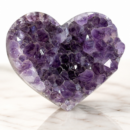 Kindred Crystal Collective — Amethyst Cluster Heart, large natural Amethyst druzy crystal heart with deep violet points and polished outer edge, displayed upright on white marble surface