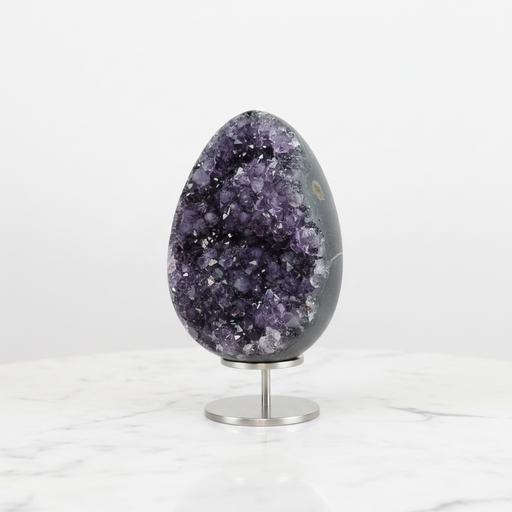 Natural amethyst druzy egg with sparkling deep purple crystal cluster interior, 635g, for intuition, wisdom and spiritual clarity