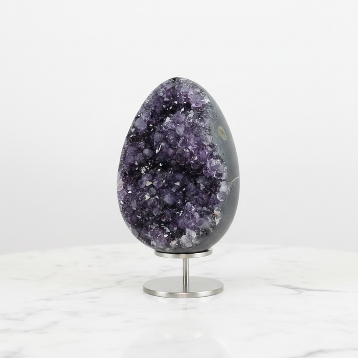 Natural amethyst druzy egg with sparkling deep purple crystal cluster interior, 635g, for intuition, wisdom and spiritual clarity