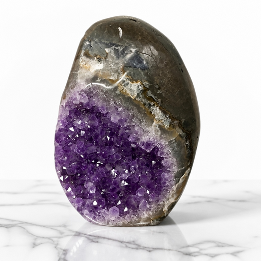Kindred Crystal Collective — Amethyst Geode, natural amethyst geode with rugged outer shell and deep violet quartz crystal interior, 11.5x9.8x17cm tall