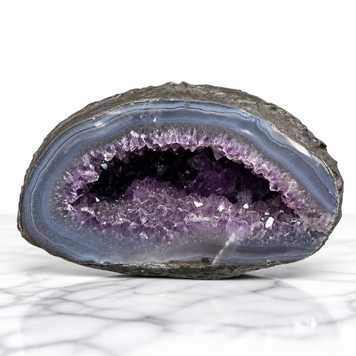 Kindred Crystal Collective — Amethyst Geode, natural amethyst geode with rugged outer shell and deep violet quartz crystal interior, 13.5x9x9.5cm