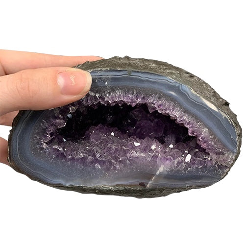 Kindred Crystal Collective — Amethyst Geode, front view of natural amethyst geode cavity showing dense violet quartz crystal points and natural outer shell