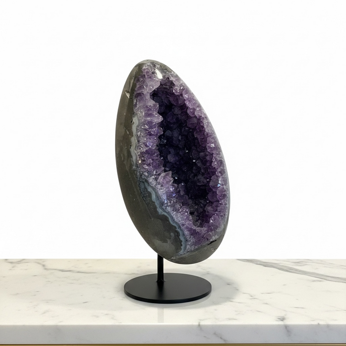 Natural amethyst geode egg 2.1kg with deep violet crystal cavity inside polished exterior, 16cm, for intuition, spiritual awareness and emotional balance