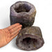 Kindred Crystal Collective — Amethyst Geode Pair, front view of natural amethyst geode pair showing mirrored violet crystal formations and natural outer shell
