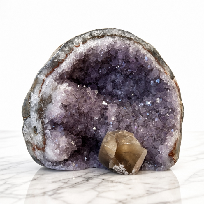 Kindred Crystal Collective — Amethyst Geode With Calcite Inclusion, natural amethyst geode with deep violet quartz points and white calcite formation at base, 17.5x13cm