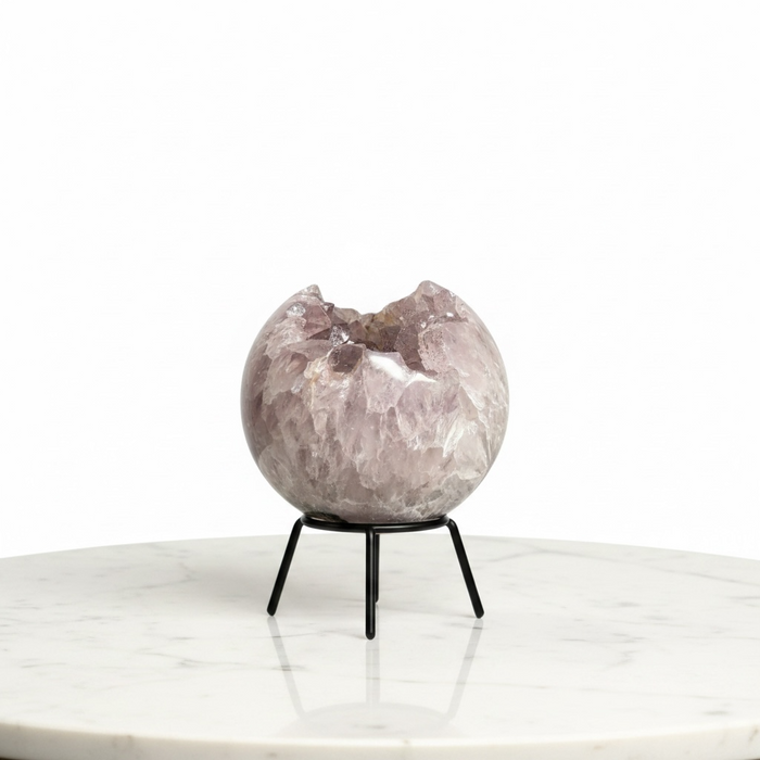 Amethyst pac-man cluster sphere showing sparkling deep purple druzy crystals from the side, a rare natural sculpture for energy work and display