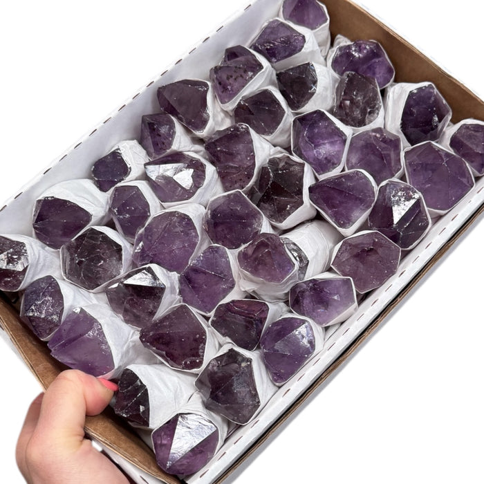 Kindred Crystal Collective — Amethyst Rough Point Boxed, large flat retail box of individually paper-wrapped raw deep purple amethyst points, size reference held in hand