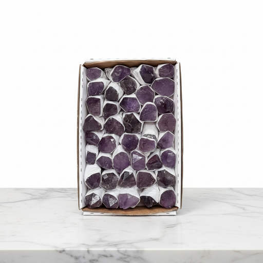 Kindred Crystal Collective — Amethyst Rough Point Boxed, large flat retail box of individually paper-wrapped raw deep purple amethyst points