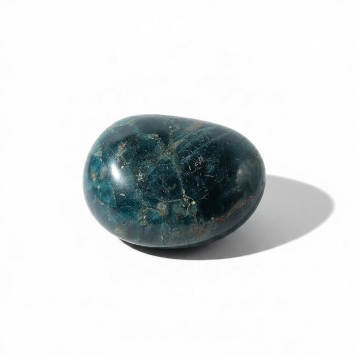 Kindred Crystal Collective — Apatite Free Form, glossy rounded teal-blue stone with dark mottled patterns held in a hand against a white background.