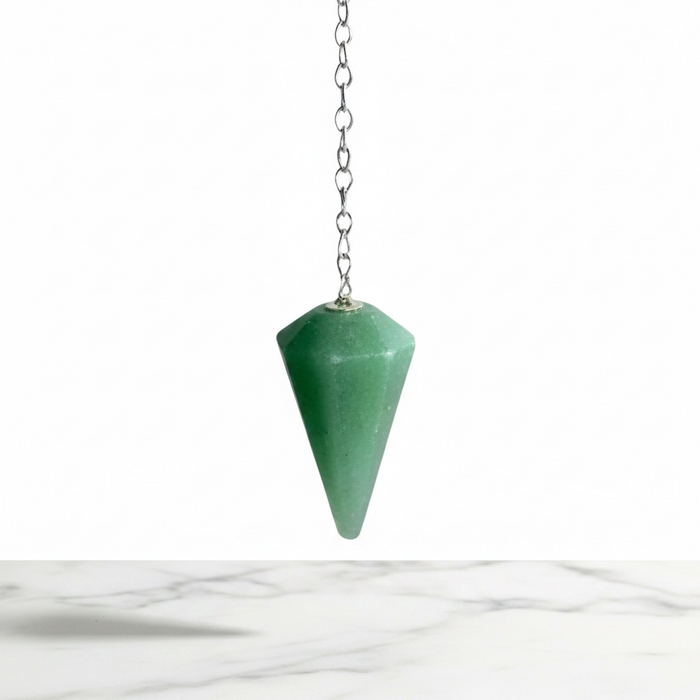 Natural green aventurine faceted pendulum with soft green shimmer, used for dowsing, abundance and heart chakra intention setting