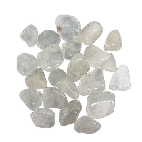 Kindred Crystal Collective — Azeztulite Tumbled 2–2.5cm, large group of small polished white to pale grey quartz stones with smooth waxy finish on white background