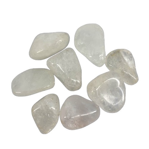 Kindred Crystal Collective — Azeztulite Tumbled 3–3.5cm, eight chunky polished clear to milky white quartz stones with smooth waxy finish on white background