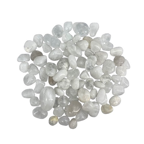 Kindred Crystal Collective — Azeztulite Tumbled 1–2cm, large group of small polished white to pale grey quartz stones with smooth waxy finish on white background