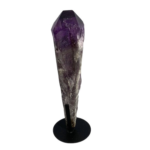 Kindred Crystal Collective — Bahia Amethyst Point, angled view highlighting natural phantoms and inclusions within deep violet amethyst quartz