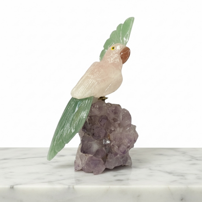 Hand-carved rose quartz and green aventurine crystal birds on natural amethyst cluster, for emotional calm, prosperity and heart chakra healing