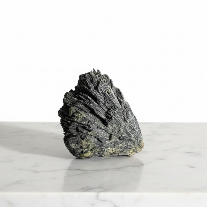Kindred Crystal Collective — Black Kyanite Feather, raw black kyanite fan specimen with radiating blade-like crystals in feather formation