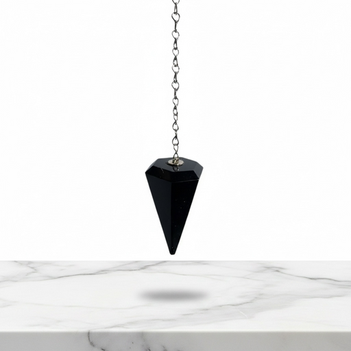 Natural black obsidian faceted pendulum in deep glossy black volcanic glass, used for dowsing, protection and root chakra grounding