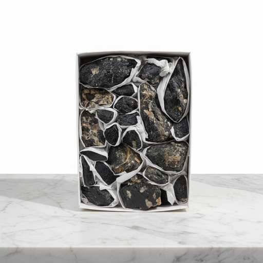 Kindred Crystal Collective — Black Tourmaline Rough Boxed, deep white gift box of chunky raw black tourmaline rough pieces wrapped in plastic