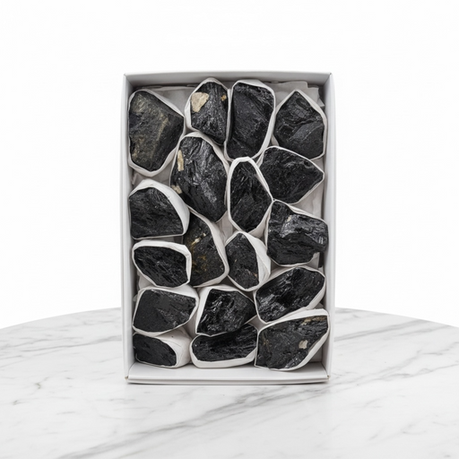 Kindred Crystal Collective — Black Tourmaline Rough Boxed, flat retail display box of raw black tourmaline rough pieces individually wrapped