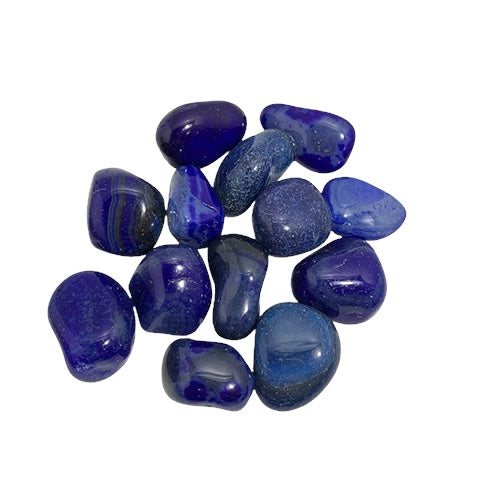 Kindred Crystal Collective - Twelve Blue Agate tumbled stones in vivid cobalt and navy blue tones with natural banding, polished to a high-gloss finish.