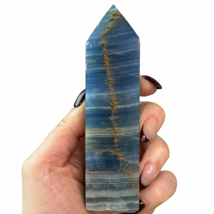 Natural blue onyx generator tower 173g in deep blue, for throat chakra activation, concentration and emotional calm