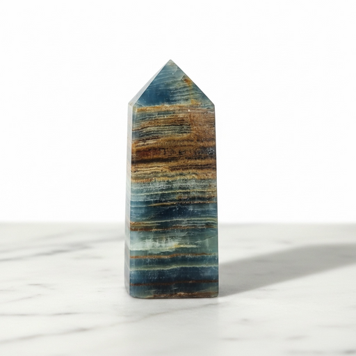Natural blue onyx obelisk 72g in rich deep blue with smooth polished finish, for throat chakra, emotional calm and good fortune