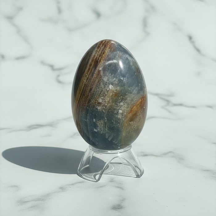 Blue onyx egg in rich deep blue tones, a calming healing crystal for concentration, positive outlook and throat chakra activation