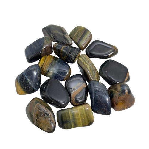 Kindred Crystal Collective — Blue Tiger Eye Tumbled 2.5–3cm, deep blue-grey chatoyant hawk's eye tiger eye tumbled stone on white background