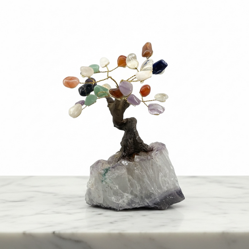 Kindred Crystal Collective - Chakra gem tree with polished multi-coloured gemstone leaves on a raw Amethyst cluster base, showing full rainbow chakra spectrum.
