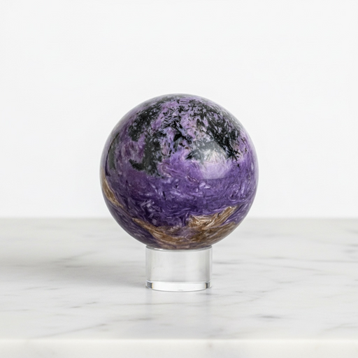 Kindred Crystal Collective — Charoite Sphere, rare Siberian charoite polished sphere with swirling violet and lavender patterning, 64mm