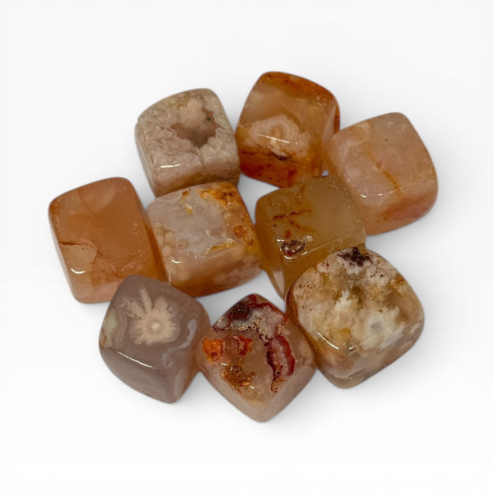 Kindred Crystal Collective — Cherry Blossom Agate Tumble Stone, warm peach and amber squared tumbles with natural floral druzy inclusions