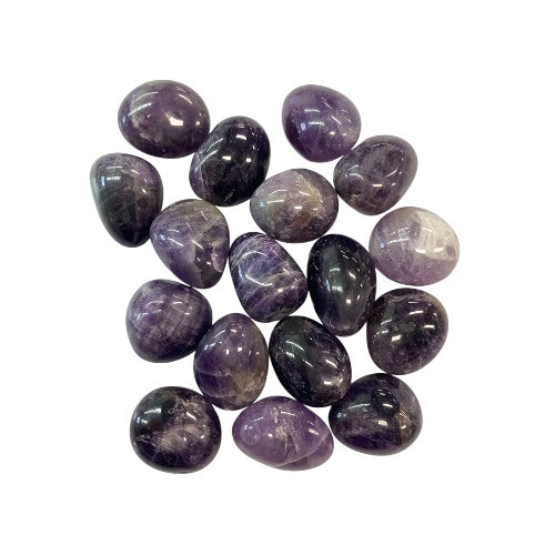 Kindred Crystal Collective - Sixteen Chevron Amethyst tumbled stones showing deep purple and white banded swirling patterning with a smooth polished finish.