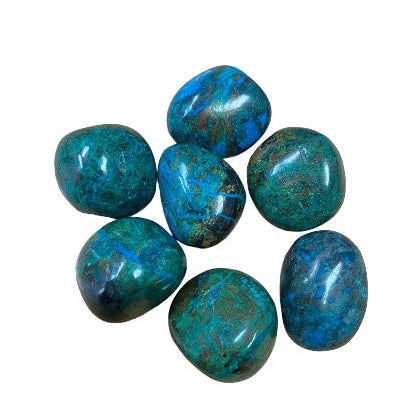 Kindred Crystal Collective — Chrysocolla Tumbled 3–4cm, rich swirling teal-blue chrysocolla tumbled stone with copper mineral patterning on white background