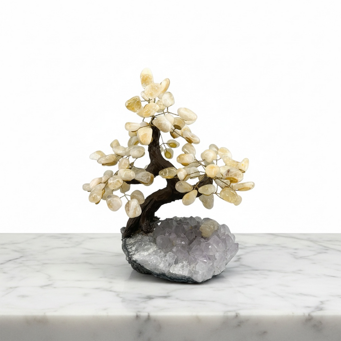 Citrine Gem Tree on Amethyst Cluster — full view on marble surface