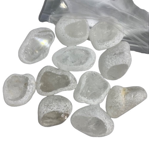 Kindred Crystal Collective — Ema Eggs Clear Quartz 500g, frosted river-tumbled clear quartz seer stones with polished window face in a clear bag on white background

