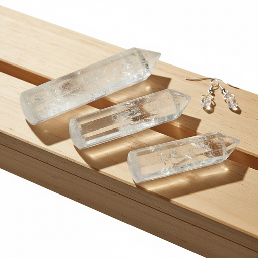 Clear crystal points on a wooden surface with a white background