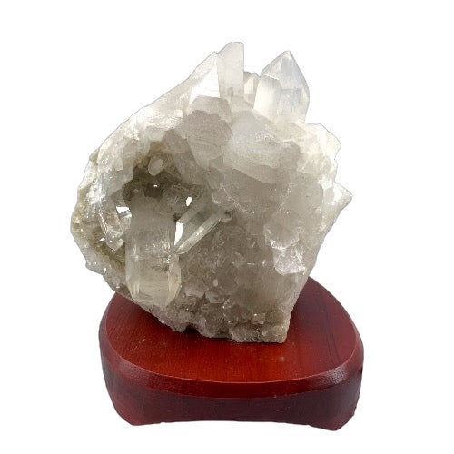 Kindred Crystal Collective — Clear Quartz Cluster Lamp, natural clear quartz cluster on polished timber lamp base, unlit, white background