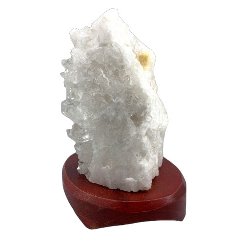 Kindred Crystal Collective — Clear Quartz Cluster Lamp, full view of tall clear quartz cluster on polished timber lamp base, white background